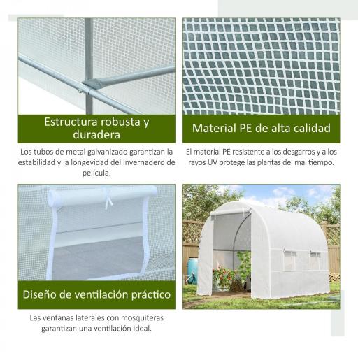 Invernadero de Túnel con Puerta Enrollable y 4 Ventanas para Cultivo Plantas Verduras 245x200x200 cm Blanco [5]