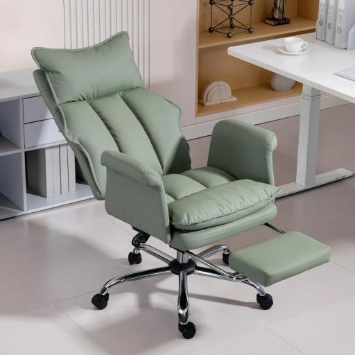 Silla de Escritorio con Reposapiés Respaldo Reclinable Alto Acolchado Grueso Tapizada en Cuero Sintético Ruedas Verde