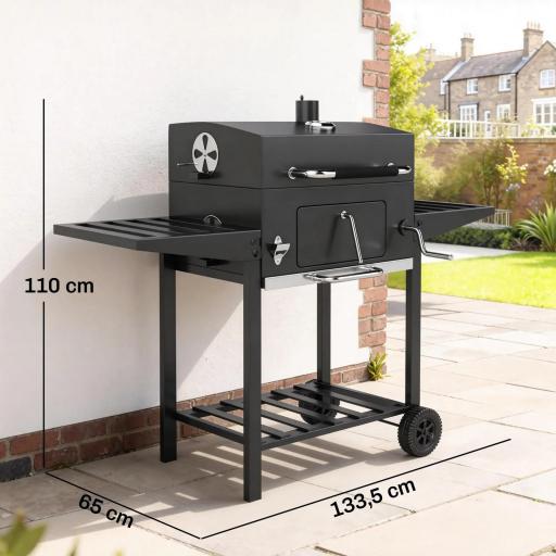Barbacoa de Carbón con Bandeja Ajustable Estantes Plegables Ruedas Termómetro Tapa Chimenea Ventilaciones y Cesta [1]