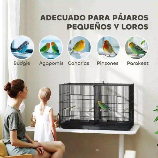 Jaula para Pájaros con Divisor 4 Comederos 4 Perchas Bandeja Extraíble para Loros Canarios Periquitos 94x57x57 cm Negro [5]