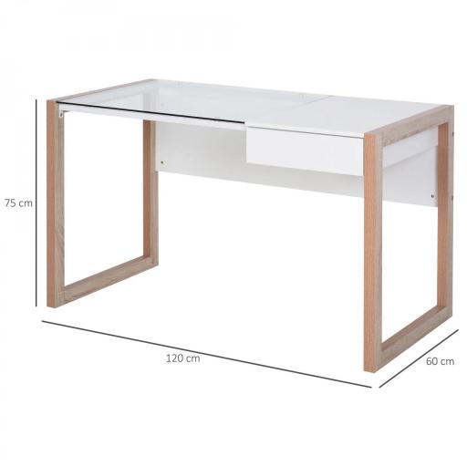 Mesa de Ordenador Mesa de Escritorio Diseño Moderno con Tablero de Vidrio Templado Cajón Combinación de Estilos para Oficina Estudio 120x60x75 cm Blanco [1]