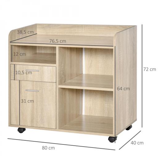 Armario para Impresora con 3 Compartimentos 2 Cajones para Archivos Estante Ajustable Ruedas 80x40x72 cm Roble [1]