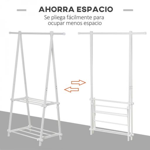 Perchero de Pie Plegable con 2 Estantes y Barra para Colgar Ropa Perchero para Dormitorio Entrada 107,5x45x150 cm Blanco [2]