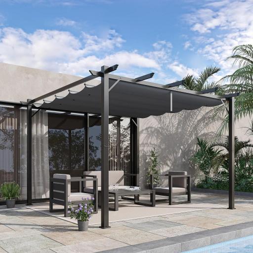 Pérgola de Jardín 3x3 m con Techo Retráctil Protección UPF30+ Drenaje Marco de Aluminio para Patio Exterior Gris Oscuro [7]