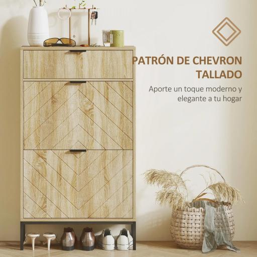 Zapatero Estrecho con 2 Puertas Cajón y Estantes Ajustables para 8 Pares de Zapatos 60x24x105,5 cm Roble [2]