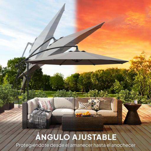 Parasol Excéntrico Ø300 cm con Base Cruzada Toldo Ajustable y Manivela UPF30+ para Terraza Patio Gris [3]