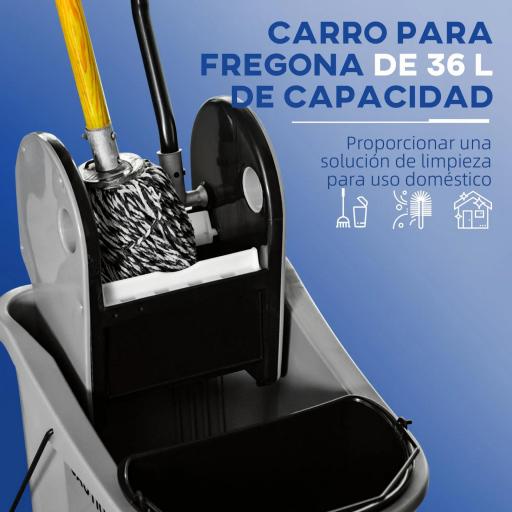 Cubo de Fregona con Ruedas 36L Carro de Limpieza con Escurridor de Presión y 2 Cubetas Separadas 54x41x91,5cm Gris [2]