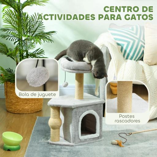 Árbol para Gatos Altura 66 cm Torre para Gatos con Cama Cueva Plataforma Bola Colgante y Poste de Yute Gris Claro [5]