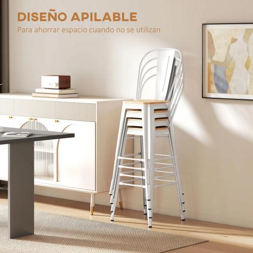 Juego de 4 Taburetes Altos de Cocina Apilables con Respaldo Taburetes de Bar con Reposapiés 44x48x117 cm Blanco [3]