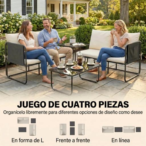 Conjunto Jardín Exterior de 4 Piezas con 2 Sofás 2 Plazas 2 Mesas de Vidrio Cojines Fundas Extraíbles y Bolsillos Caqui [2]