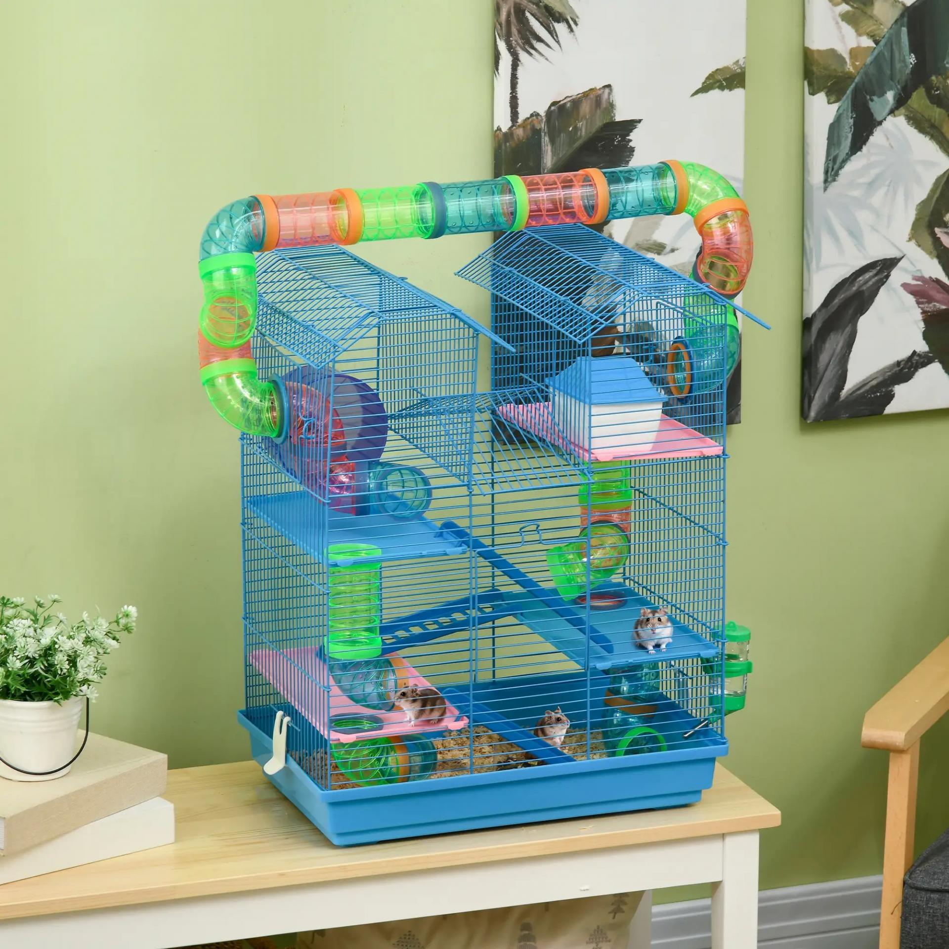 Jaula para Hámster de Múltiples Niveles con Tubos Plataformas Comedero Bebedero Casita Rueda Escaleras 47x30x59 cm Azul