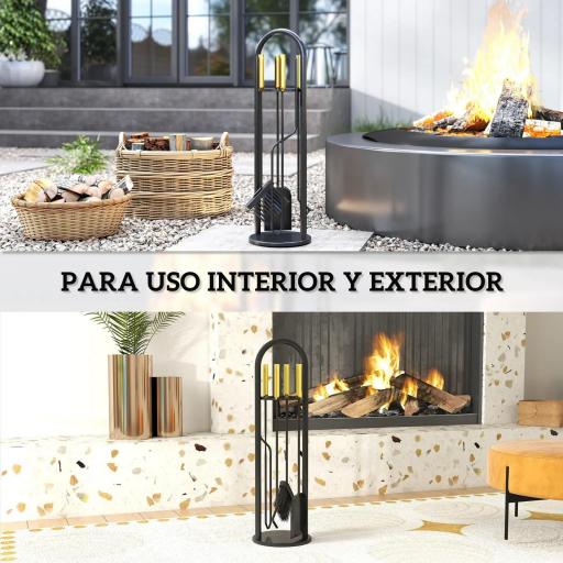 Juego de Utensilios para Chimenea de 5 Piezas de Metal con Escoba Pala Tenazas Atizador y Soporte 20x20x71 cm Dorado [4]
