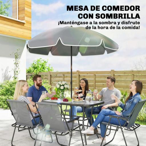 Conjunto de Mesa y Sillas Jardín de 8 Piezas con Sombrilla 6 Sillas Plegables Mesa de Vidrio Templado Gris [5]