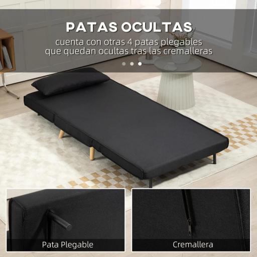 Sillón Cama Plegable con Respaldo Ajustable en 6 Posiciones Almohada Acolchada Carga 350 kg 94x78x80 cm Negro [3]