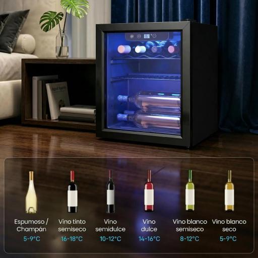 Vinoteca 12 Botellas Nevera para Vinos con Capacidad de 36 L Temperatura Ajustable 4-16℃ Puerta de Vidrio Luz LED Negro [2]