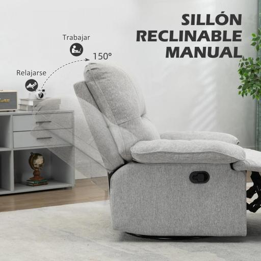Sofá Reclinable Manual Sillón Relax Tapizado en Tela Reposapiés Carga 160 kg para Personas 150-190 cm 89x98x101 cm Gris [2]