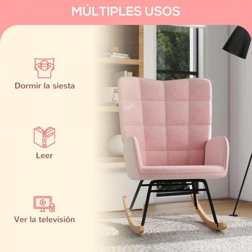 Silla Mecedora de Borreguito Sillón Balancín Oscilante 40° con Patas de Madera de Haya Carga 120 kg 71x98x101 cm Rosa [3]