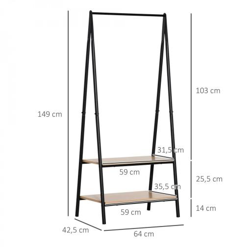 Perchero de Ropa Perchero de Pie con 2 Estantes de Almacenamiento Barra para Colgar y Marco de Acero 64x42,5x149cm Negro [1]