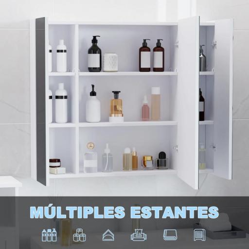 Armario de Baño con Espejo Luces LED Estantes Ajustables y USB Estilo Moderno 90x15x75 cm Blanco [5]