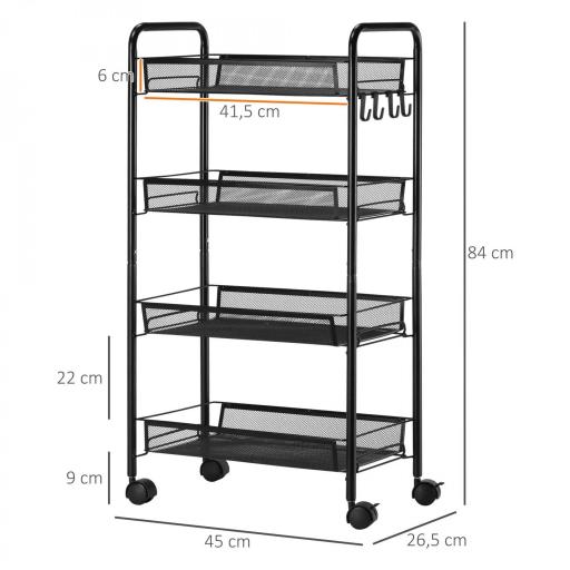 Carrito de Cocina de 4 Niveles Carrito de Almacenamiento con 4 Ganchos Carga 12 kg para Comedor Baño 45x26,5x84 cm Negro [1]