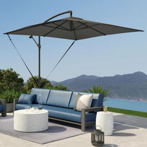 Parasol Excéntrico 247x247 cm con Base Cruzada Manivela Funda Protectora y Toldo Giratorio 360° Gris Oscuro [5]