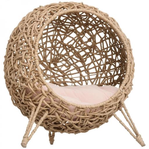 Cama Cueva de Ratán para Gatos o Mascotas Pequeña con Base Trípode Cojín de Felpa y Algodón Suave Diseño Elevado Estable Φ52x58 cm Madera Natural [9]