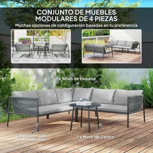 Conjunto Jardín Exterior de Ratán con 2 Sofás de 2 Plazas Sofá Esquina Mesa Redonda Cojines Terraza Gris Oscuro [3]