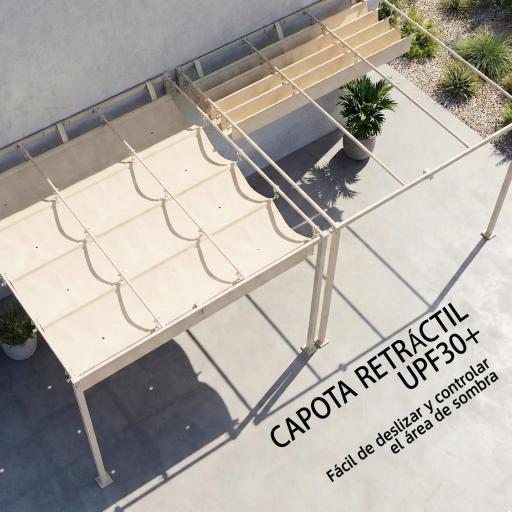 Pérgola de Pared de Jardín 3x3 m con Techo Retráctil Protección UPF30+ Drenaje Cenador de Jardín para Exterior Beige [7]