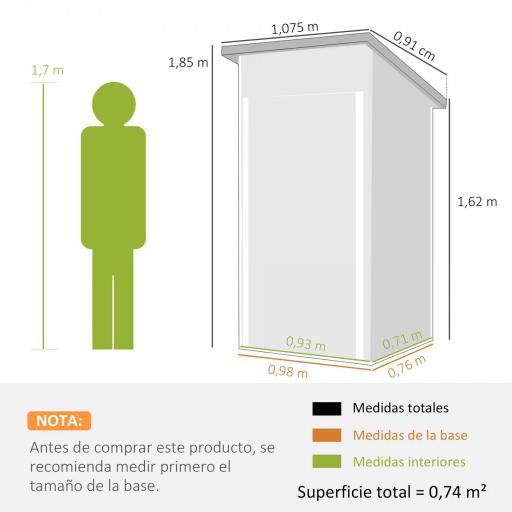 Caseta de Jardín Exterior Metálico 0,74 m² 107,5x91x185 cm con Techo Inclinado Puerta con Cerradura Ventilaciones Gris [1]