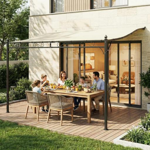 Pérgola de Pared 2,5x3,5 m con Techo Inclinado Orificios de Drenaje y Estructura Metálica Blanco Crema [5]