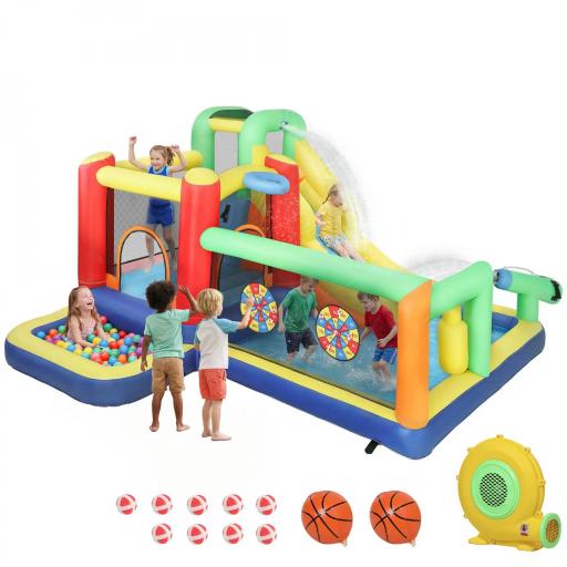 Castillo Hinchable Acuático con Soplador 550W 9 en 1 con Tobogán Trampolín Escalada 2 Piscinas Canasta Columna de Boxeo [8]