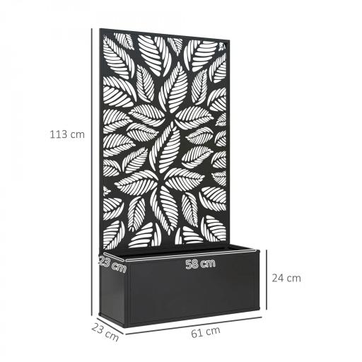 Jardinera Elevada con Panel de Privacidad de Hojas Decorativas de Metal y Opción de Montaje en Pared 61x23x113 cm Negro [0]