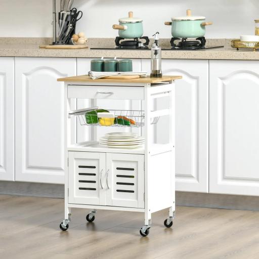 Carrito de Cocina con Ruedas Carro de Almacenamiento Multiuso con Encimera de Bambú Cajón Cesta Metálica y Armario de 2 Puertas de Persiana 58x37x85,5 cm Blanco