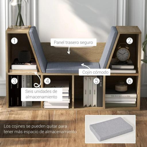 Librería con Asiento Estantería de Libros con 6 Cubos Cojín para Sala de Estar Dormitorio 102x30x61cm Roble y Gris [4]