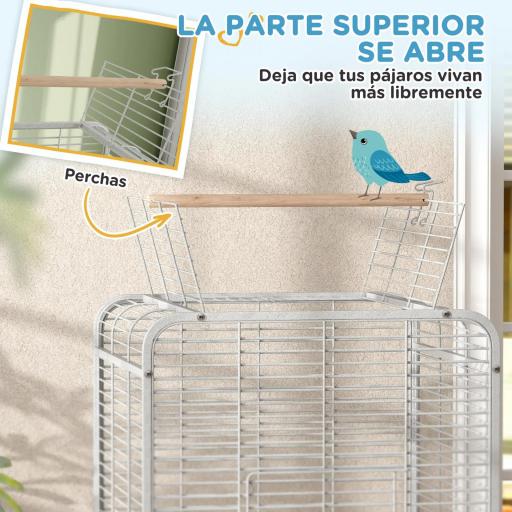 Jaula para Loros con Ruedas Perchas Comederos y Bandeja Extraíble Pajarera para Cacatúas Cotorras 79x73x146cm Gris Claro [5]