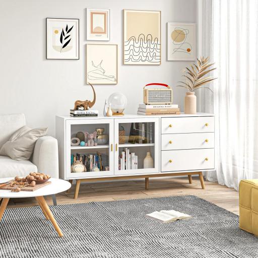 Aparador de Comedor con 2 Puertas de Cristal 3 Cajones y Patas de Madera de Caucho para Cocina Salón 160x40x80 cm Blanco