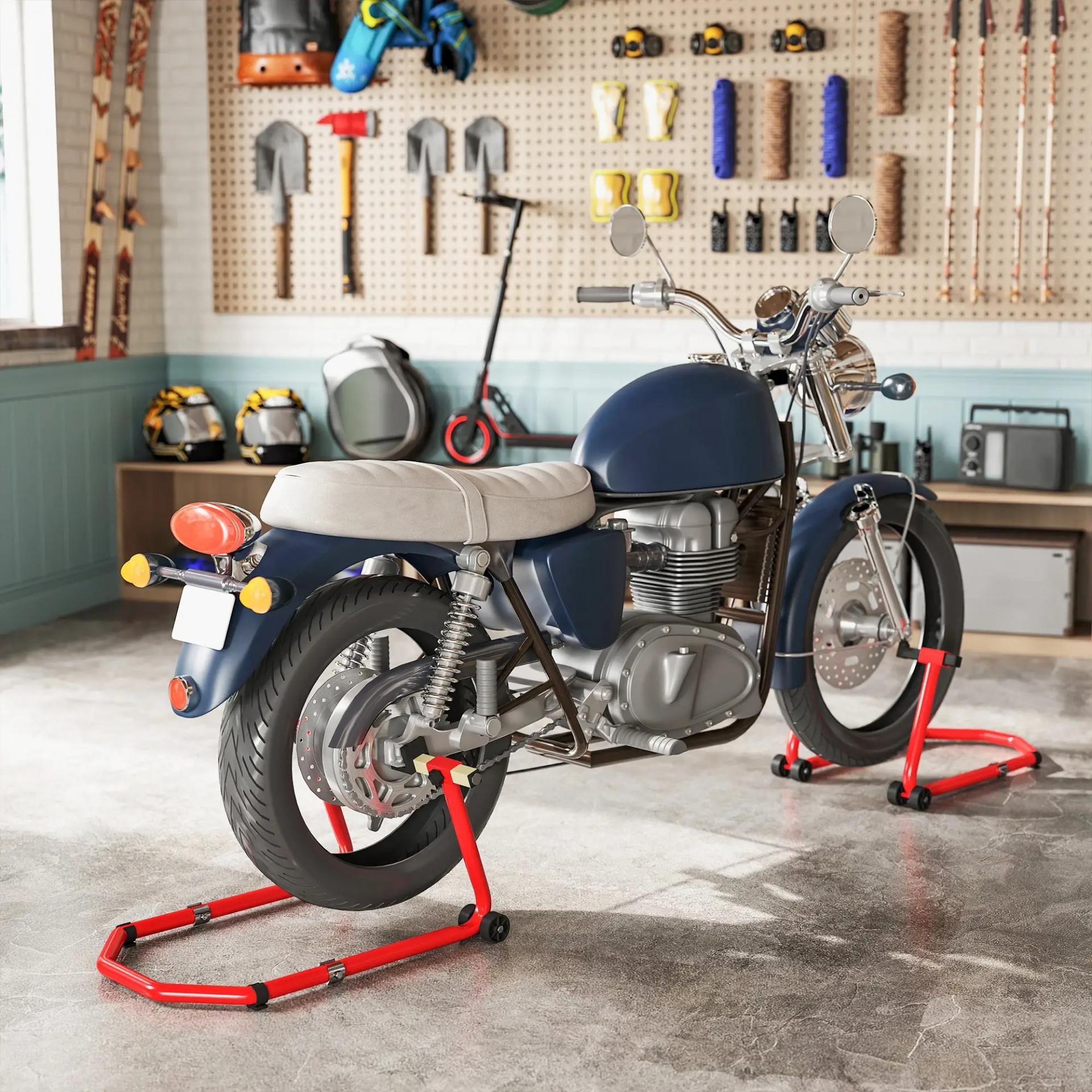 Combo de Soporte de Rueda Delantera y Trasera Motocicleta Carga 390 kg con Adaptadores de Horquillas en U y L Ruedas