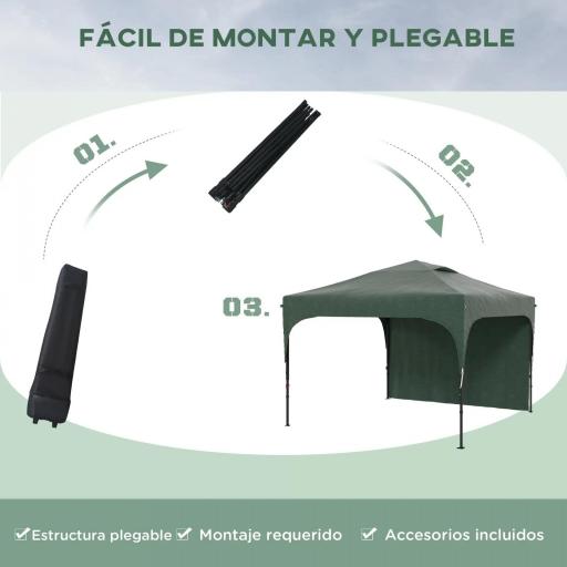 Cenador de Jardín 3x3 m con Altura Ajustable 1 Pared Lateral Impermeable 4 Bolsas de Arena y Bolsa de Transporte Verde [4]