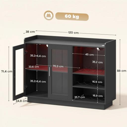 Mueble de Bar con Luces LED RGB y Botellero para 12 Botellas Armario Buffet para Vinos para Comedor Salón Negro [1]