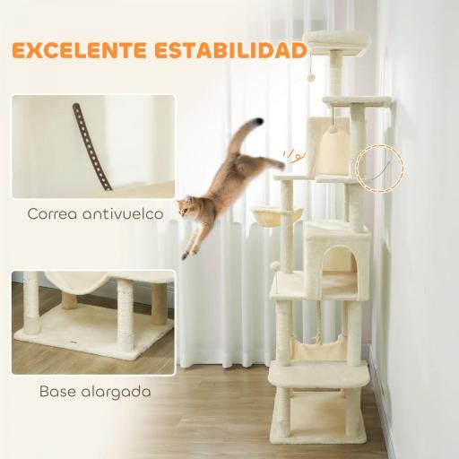 Árbol Rascador para Gatos con Plataforma Torre Escalador para Gatos con Cama Cuevas Postes de Sisal 60x48x202 cm Beige [7]