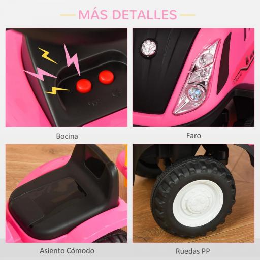Tractor sin Pedales para Niños de 12-36 Meses con Remolque Extraíble Coche Correpasillos con Bocina Faros Pala Asiento de Suelo 25 cm y Rastrillo Carga 25 kg 91x29x44 cm Rosa [4]