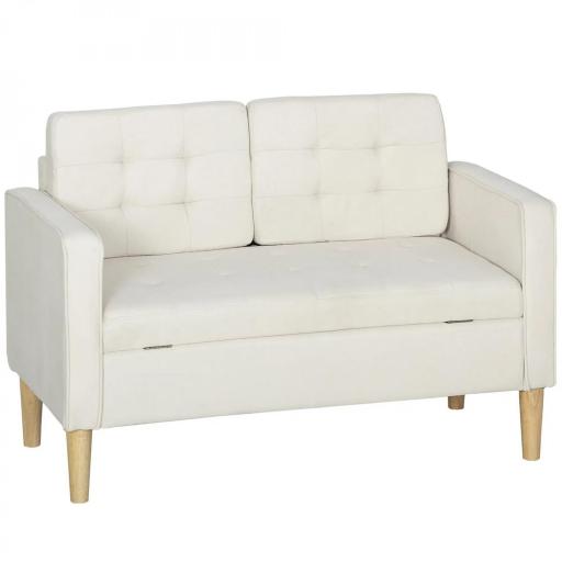 Sofá de 2 Plazas con Espacio de Almacenamiento Patas de Madera Respaldo Capitoné 117x62x78 cm Crema [8]