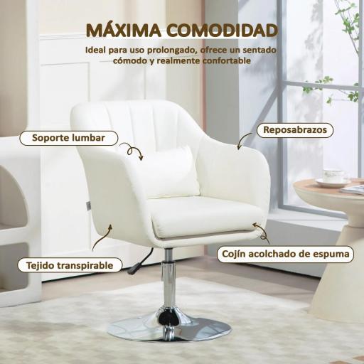 Sillón para Salón Giratorio 360° con Altura Ajustable Respaldo Envolvente Reposabrazos y Cojín 60x60x79-91 cm Blanco [3]