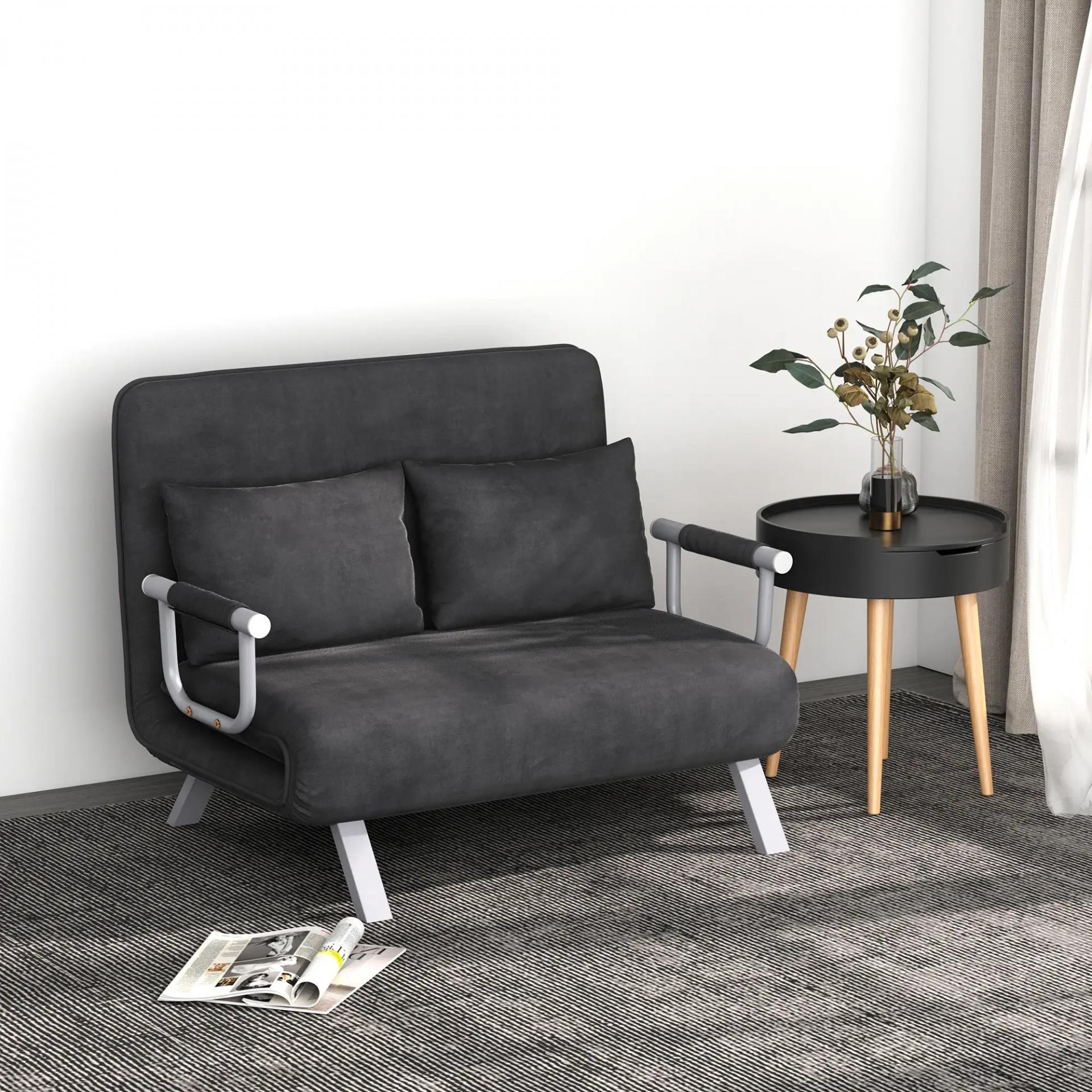 Sofá Cama de 2 Plazas con Respaldo Ajustable en 5 Posiciones Tapizado con Tacto de Ante y Cojines 111x80x78 cm Gris