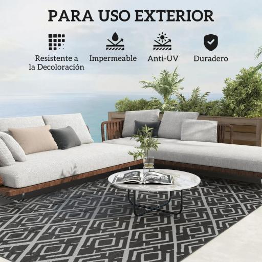 Alfombra de Exterior Reversible 182x274 cm con Patrón Geométrico de Rombos Impermeable Bolsa de Transporte Negro [4]