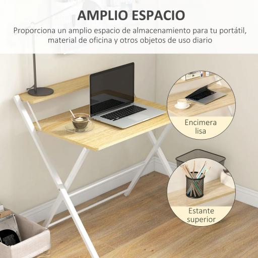 Mesa de Estudio Plegable con Estante Superior Estilo Moderno para Sala Oficina Dormitorio 81,5x70x84 cm Natural y Blanco [9]