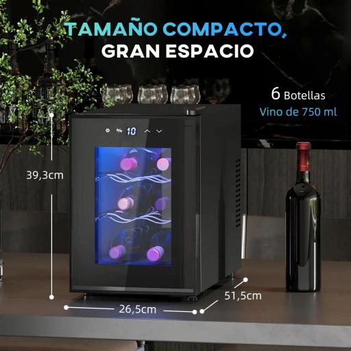 Nevera Vinos 6 Botellas 17L con Luz LED Interior Pantalla Táctil y Temperatura Regulable Negro [1]