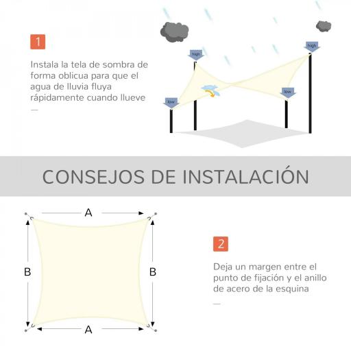 Toldo Vela de Sombra Cuadrado 3x3 m Toldo de Terraza de Poliéster con Anillo de Acero Inoxidable y Cuerdas Crema [3]