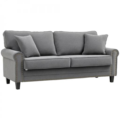 Sofá de 3 Plazas con Tachuelas Oro Envejecido Tapizado en Poliéster con 2 Cojines Decorativos 196x80,5x89 cm Gris [8]