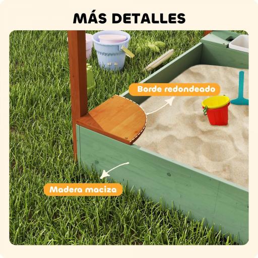 Arenero para Niños de Madera con Techo Arenero Infantil con 2 Asientos 2 Cajas Grifo Embudo 116x112,5x128 cm Verde [7]